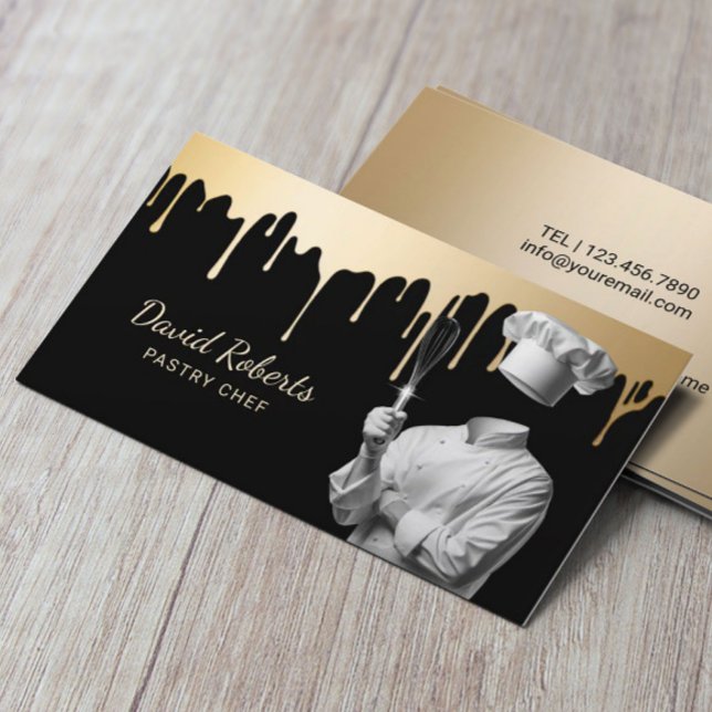 Pastry Chef & Whisk Modern Gold Drips Cake Bakery Business Card (Creator Uploaded)