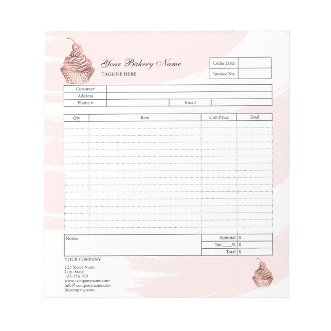 Pastry Cupcake Bakery Order Form Invoice  Notepad (Front)