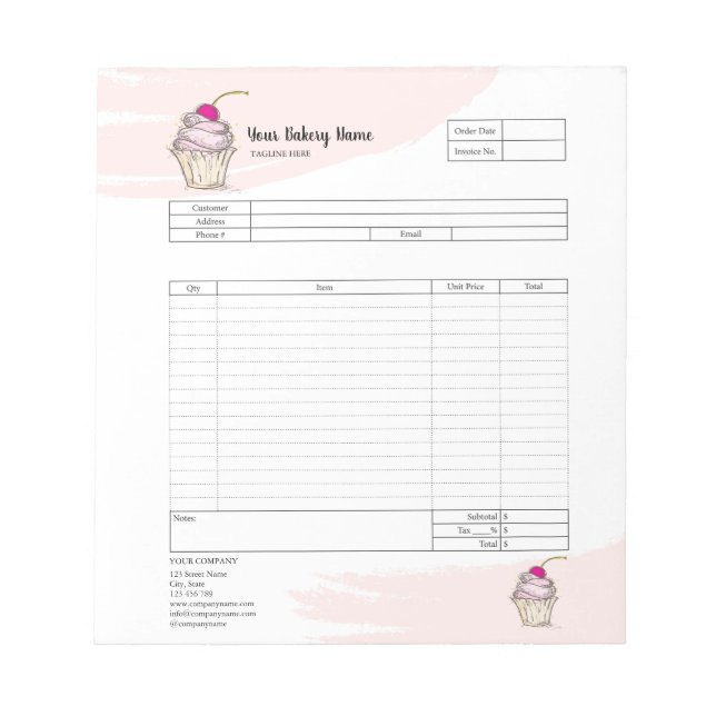 Pastry Cupcake Bakery Order Form Invoice  Notepad (Front)