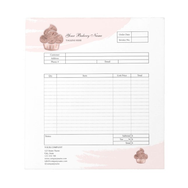Pastry Cupcake Bakery Order Form Invoice  Notepad (Front)
