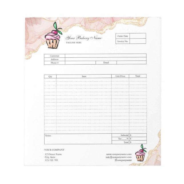 Pastry Cupcake Bakery Order Form Invoice  Notepad (Front)