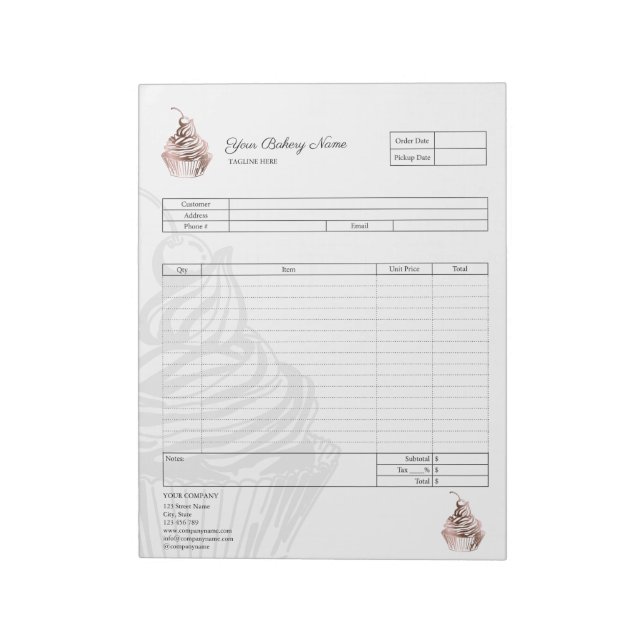 Pastry Cupcake Bakery Order Form Invoice  Notepad (Rotated)