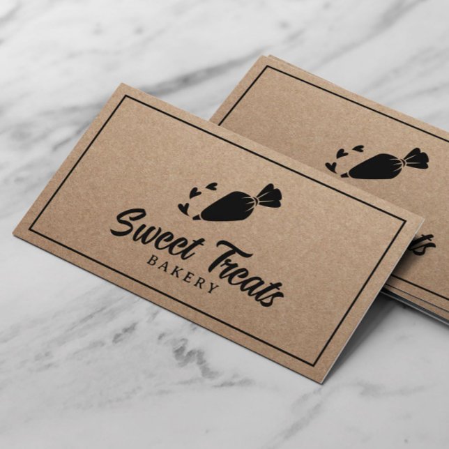 Pastry Cupcake Bakery Piping Bag Logo Rustic Kraft Business Card (Creator Uploaded)