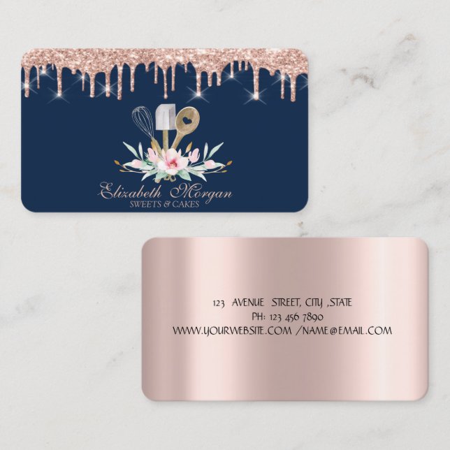 Pastry Hand Tools Rose Gold Drips Bakery Blue  Business Card (Front/Back)