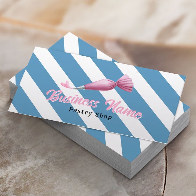 Pastry Shop Piping Bag Logo Blue Stripes Bakery Business Card (Creator Uploaded)