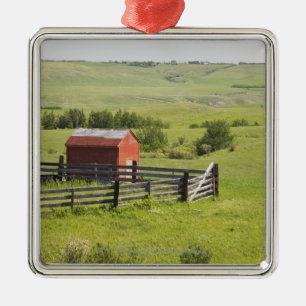 Pasture Fields With A Red Shack And A Fenced Area Metal Tree Decoration