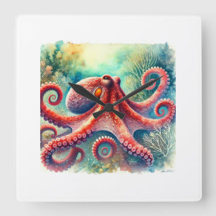 Patagonian Red Octopus 270824AREF112 - Watercolor Square Wall Clock