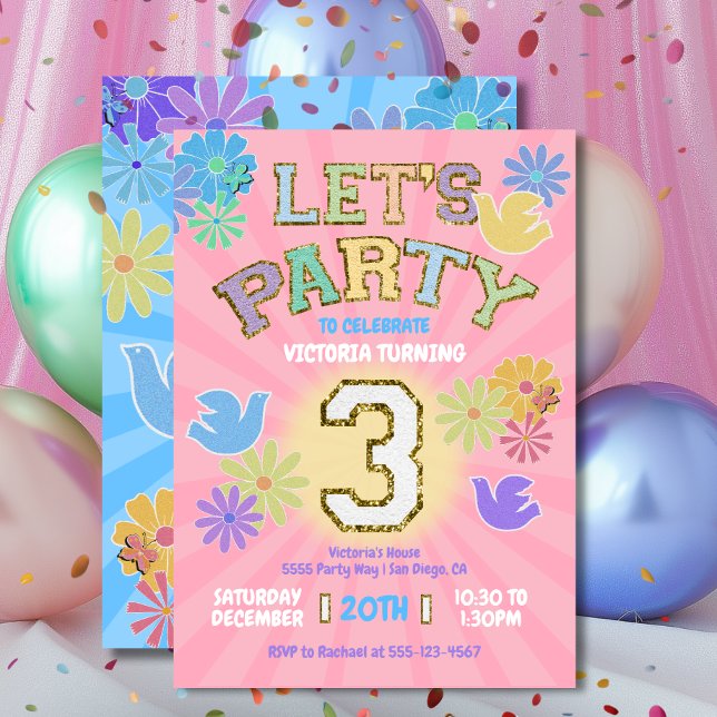 Patch Letter Birthday Party Retro Preppy Hippie Invitation (Creator Uploaded)