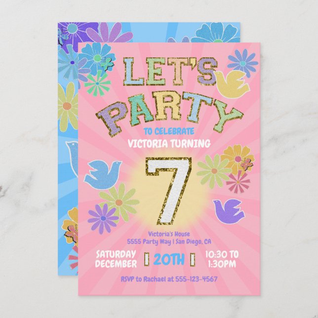Patch Letter Birthday Party Retro Preppy Hippie Invitation (Front/Back)