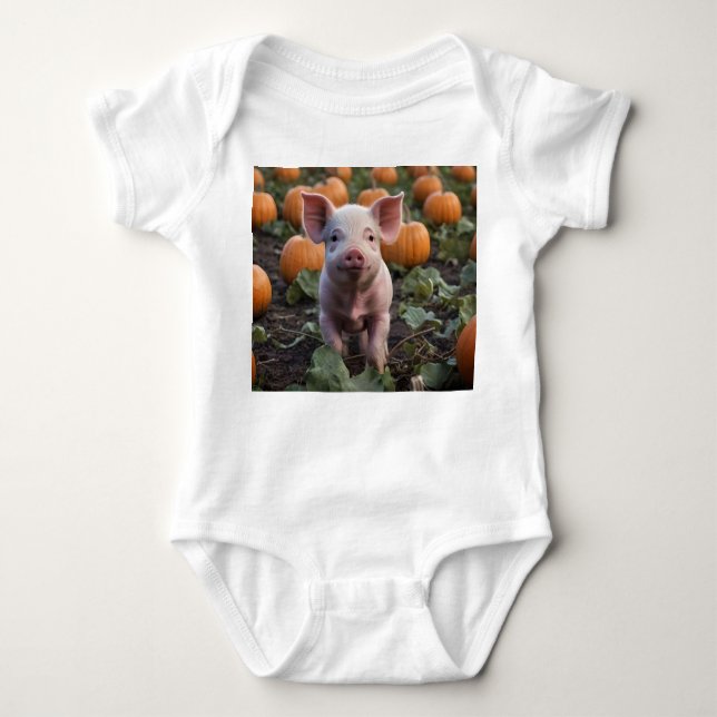 **"Patch of Joy: A Happy Baby Pig Among Pumpkins"* Baby Bodysuit (Front)