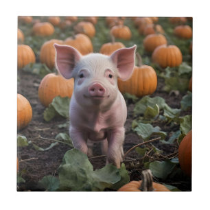 **"Patch of Joy: A Happy Baby Pig Among Pumpkins"* Ceramic Tile