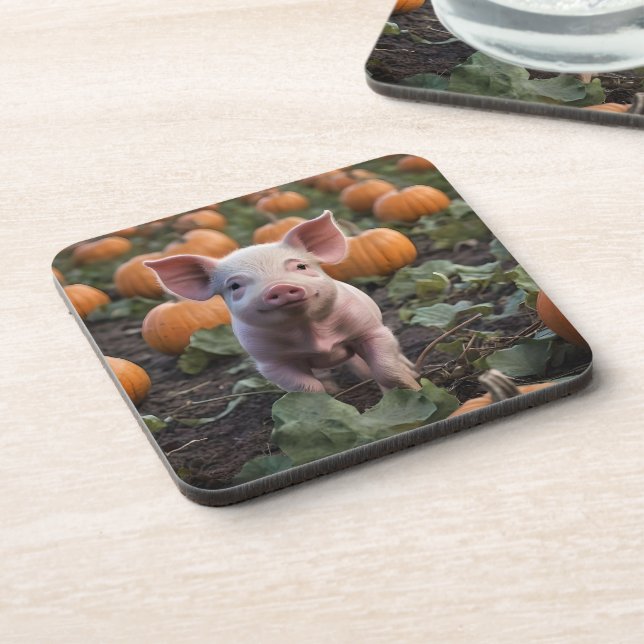 **"Patch of Joy: A Happy Baby Pig Among Pumpkins"* Coaster (Left Side)