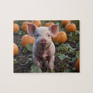 **"Patch of Joy: A Happy Baby Pig Among Pumpkins"* Jigsaw Puzzle