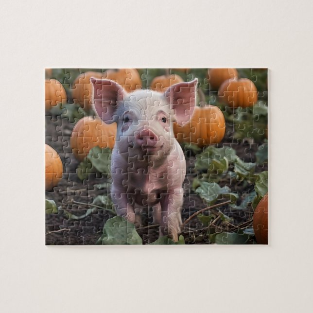 **"Patch of Joy: A Happy Baby Pig Among Pumpkins"* Jigsaw Puzzle (Horizontal)