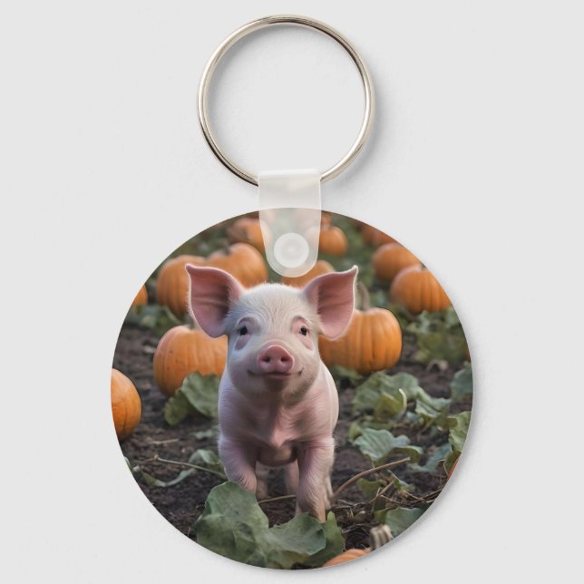 **"Patch of Joy: A Happy Baby Pig Among Pumpkins"* Key Ring (Front)