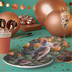 **"Patch of Joy: A Happy Baby Pig Among Pumpkins"* Paper Plate