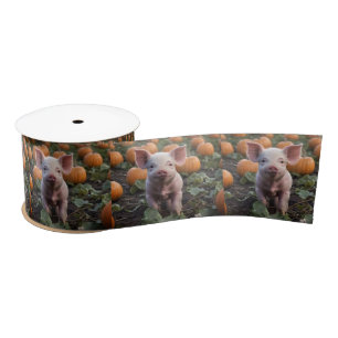 **"Patch of Joy: A Happy Baby Pig Among Pumpkins"* Satin Ribbon