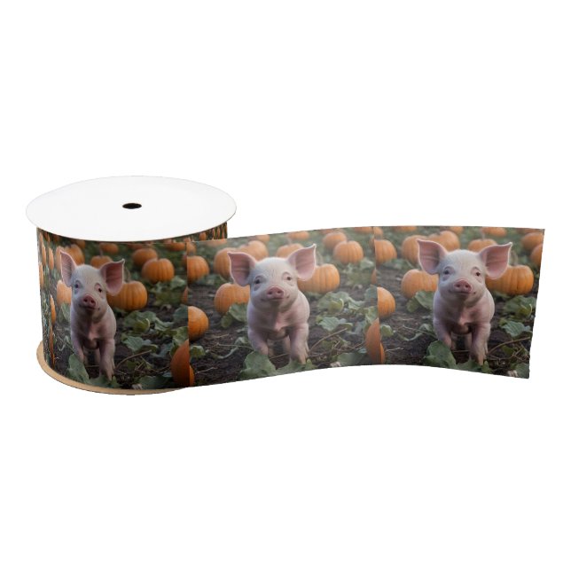 **"Patch of Joy: A Happy Baby Pig Among Pumpkins"* Satin Ribbon (Spool)