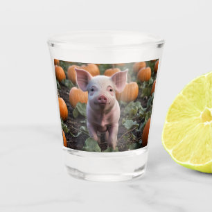 **"Patch of Joy: A Happy Baby Pig Among Pumpkins"* Shot Glass