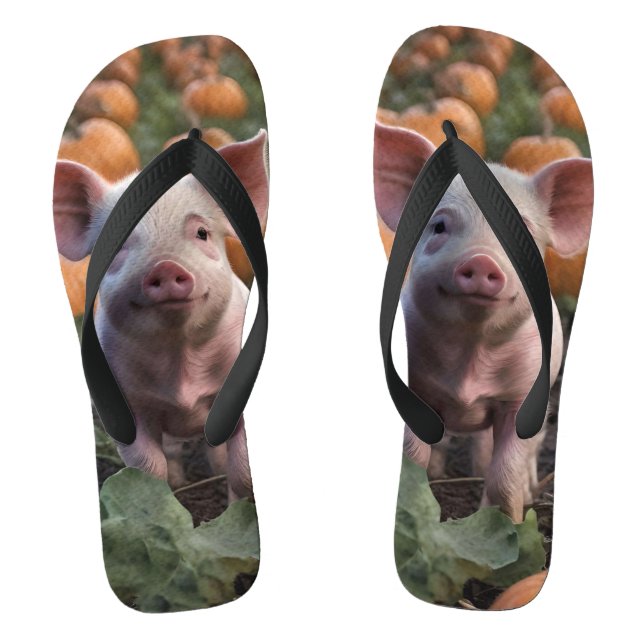 **"Patch of Joy: A Happy Baby Pig Among Pumpkins"* Thongs (Footbed)