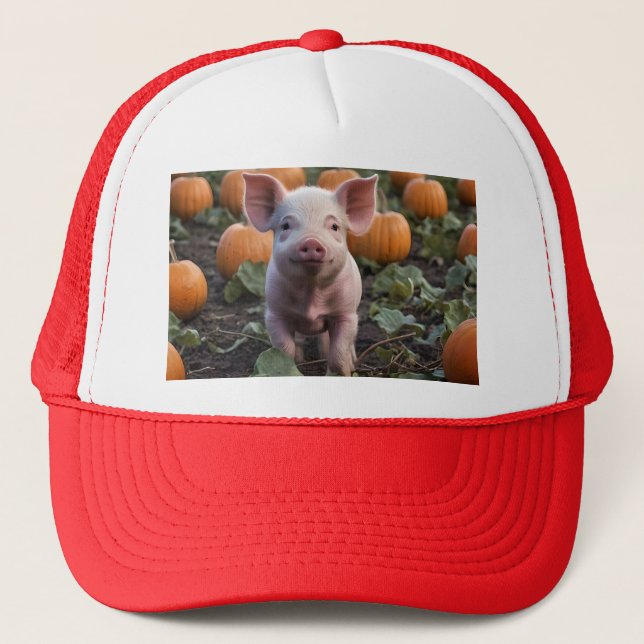 **"Patch of Joy: A Happy Baby Pig Among Pumpkins"* Trucker Hat (Front)