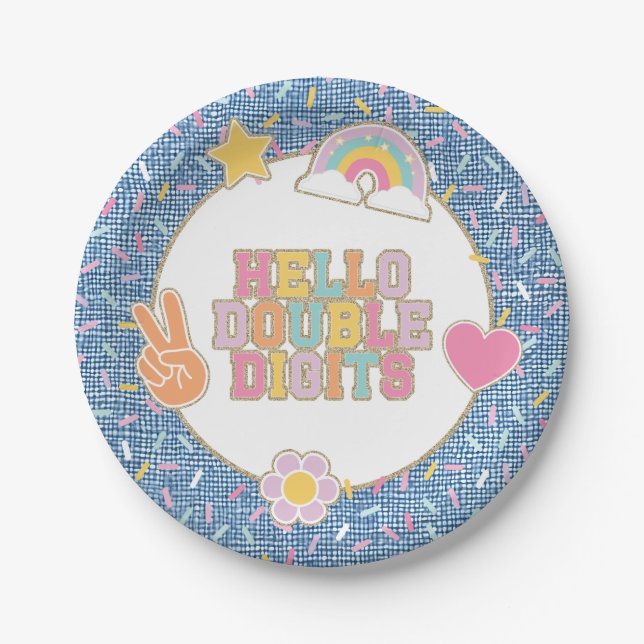 Patch Preppy Hello Double Digits 10th Birthday Paper Plate (Front)