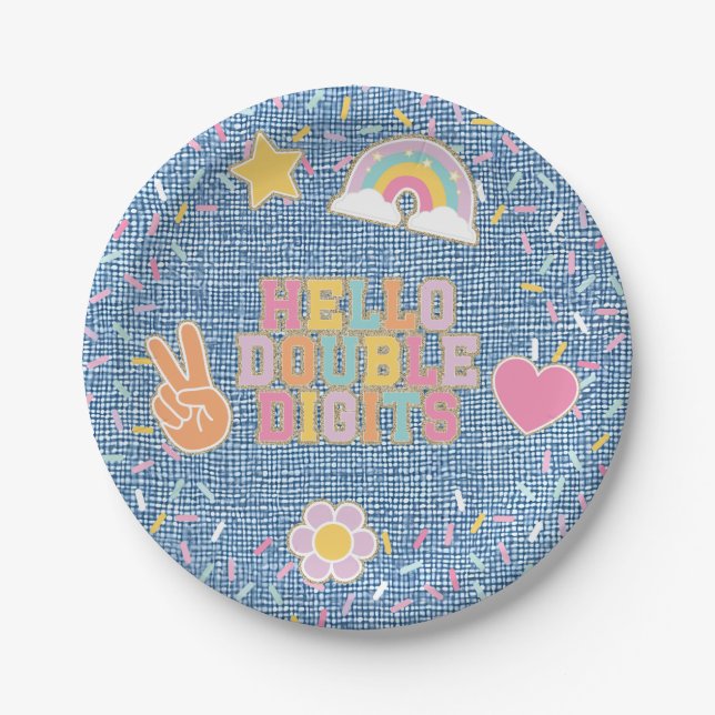 Patch Preppy Hello Double Digits 10th Birthday Paper Plate (Front)