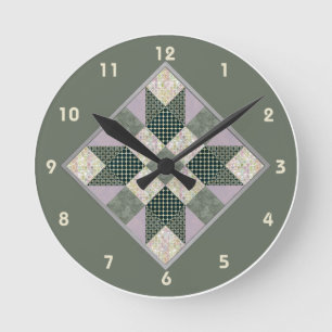 Patch Star Quilt Block in Lavender & Green Round Clock