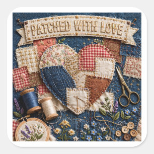 Patched With Love – Patchwork Heart Vintage Embroi Square Sticker