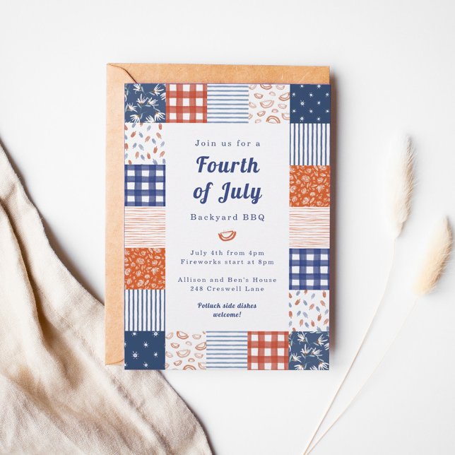 Patchwork 4th of July BBQ Invitation (Red, white, and patriotic! A patchwork invitation of Fourth of July favorites.)