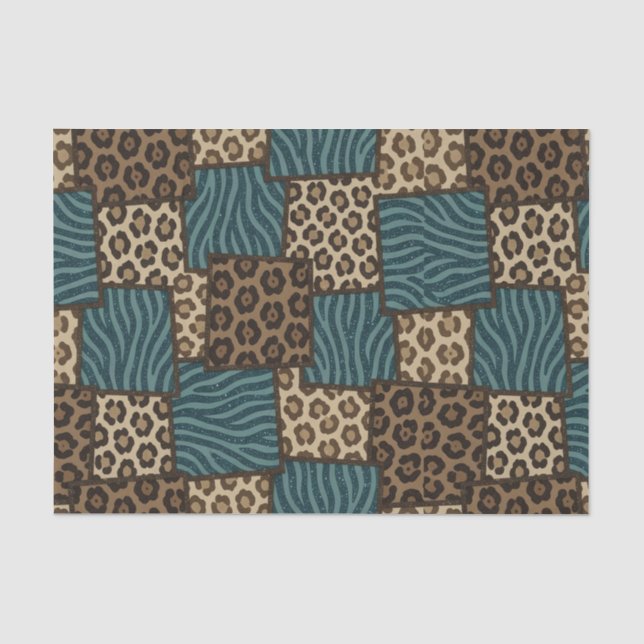 Patchwork African Animal Print | Brown & Teal Tissue Paper (Front)