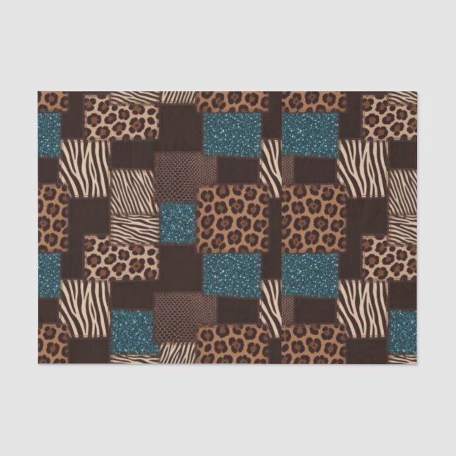 Patchwork African Animal Print | Brown & Teal Tissue Paper (Front)