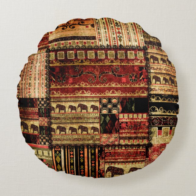 Patchwork african pattern grunge print background round cushion (Front)