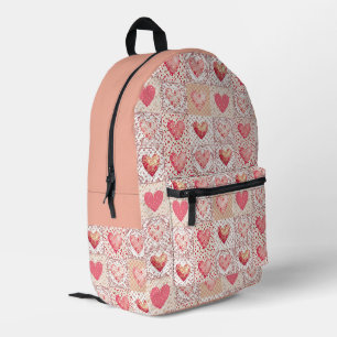 Patchwork And Stripe Heart Pattern Printed Backpack