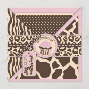 Patchwork Animal Print Cupcake Sixth Birthday Invitation