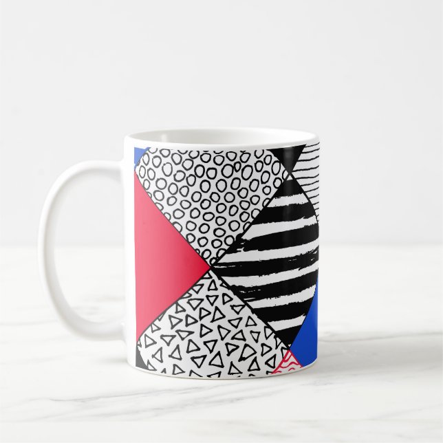 Patchwork background: birds, polka dots. coffee mug (Left)