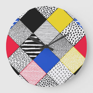 Patchwork background: birds, polka dots. large clock