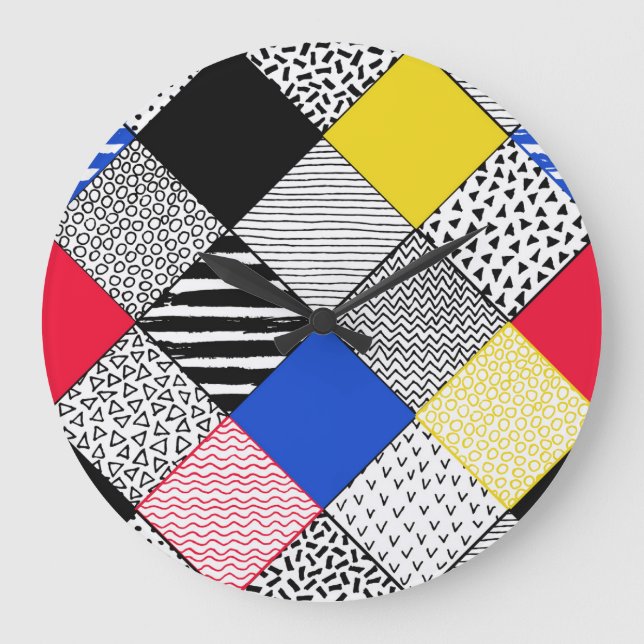 Patchwork background: birds, polka dots. large clock (Front)