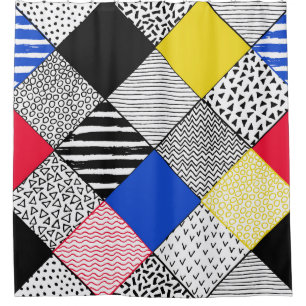 Patchwork background: birds, polka dots. shower curtain