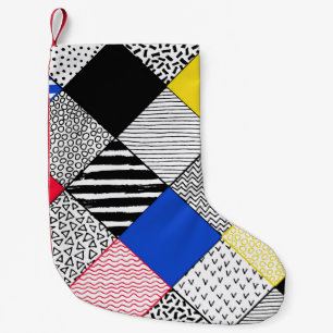 Patchwork background: birds, polka dots. small christmas stocking