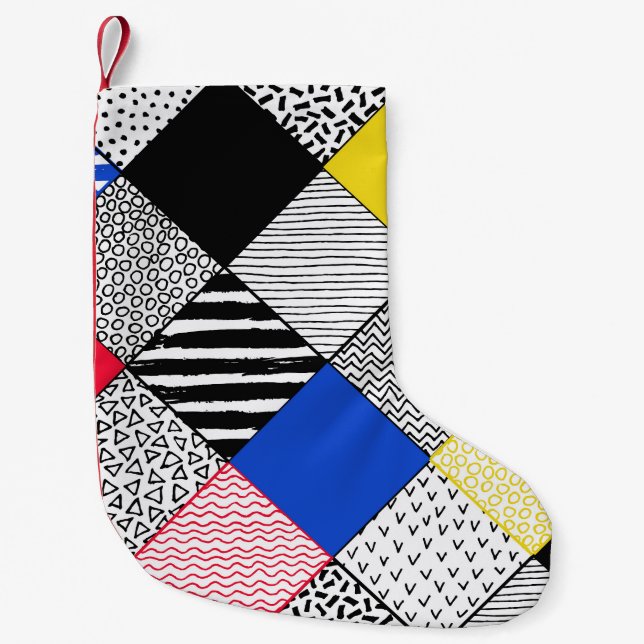 Patchwork background: birds, polka dots. small christmas stocking (Front)