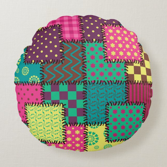 patchwork background with different patterns round cushion (Front)