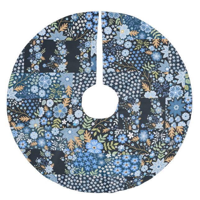 Patchwork Blue Flowers: Seamless Fabric. Brushed Polyester Tree Skirt (Front)