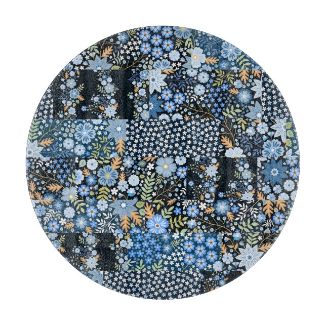 Patchwork Blue Flowers: Seamless Fabric. Cutting Board (Front)