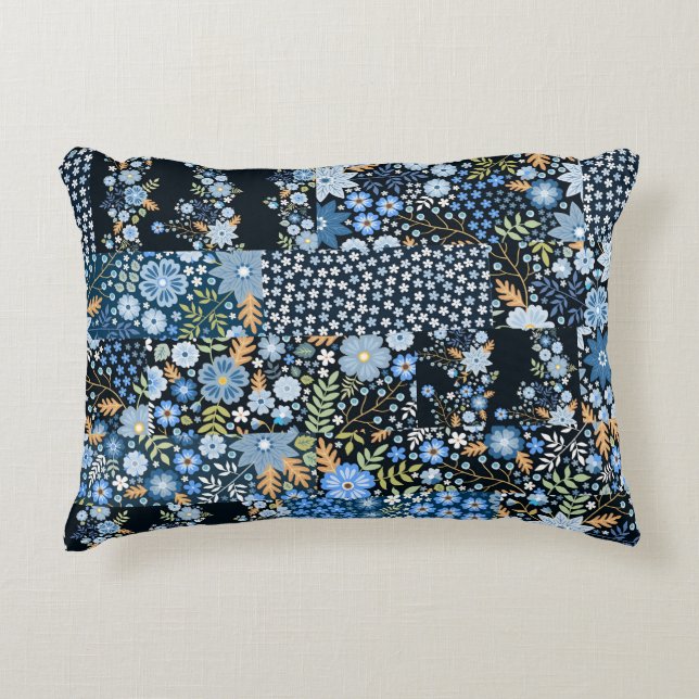 Patchwork Blue Flowers: Seamless Fabric. Decorative Cushion (Front)