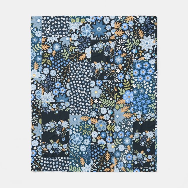 Patchwork Blue Flowers: Seamless Fabric. Fleece Blanket (Front)