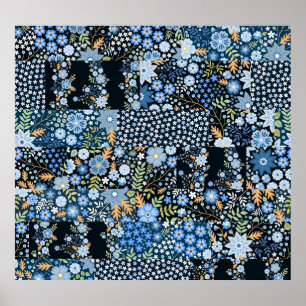 Patchwork Blue Flowers: Seamless Fabric. Poster