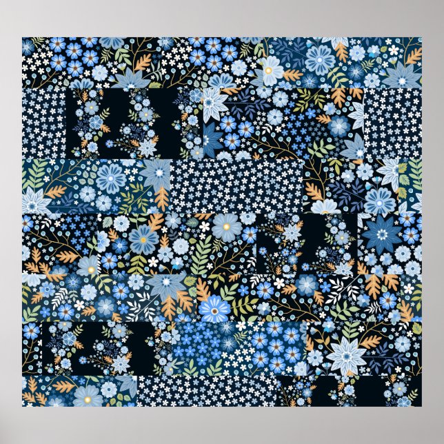 Patchwork Blue Flowers: Seamless Fabric. Poster (Front)