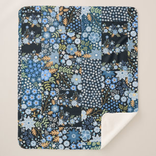 Patchwork Blue Flowers: Seamless Fabric. Sherpa Blanket