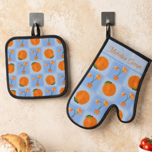Patchwork Bright Peaches And Cheerful Flowers Oven Mitt & Pot Holder Set